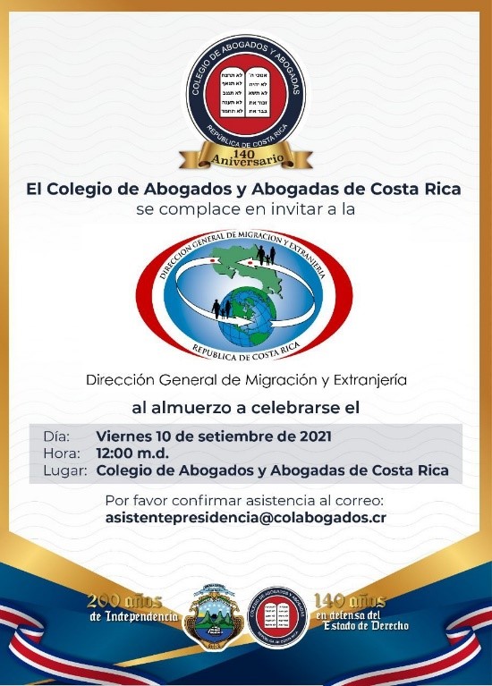 Organización de almuerzo entre el Colegio de Abogados y Abogadas de Costa Rica y Dirección General de Migración y Costa Rica