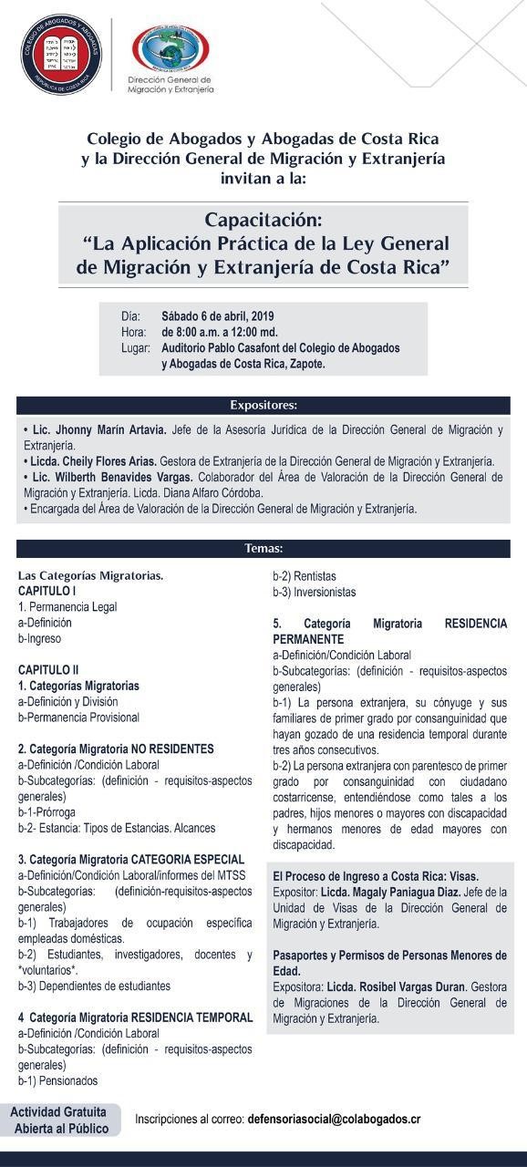ParticipaciÃ³n en las capacitaciones â€œLa AplicaciÃ³n PrÃ¡ctica de la Ley General de MigraciÃ³n y ExtranjerÃ­a de Costa Ricaâ€