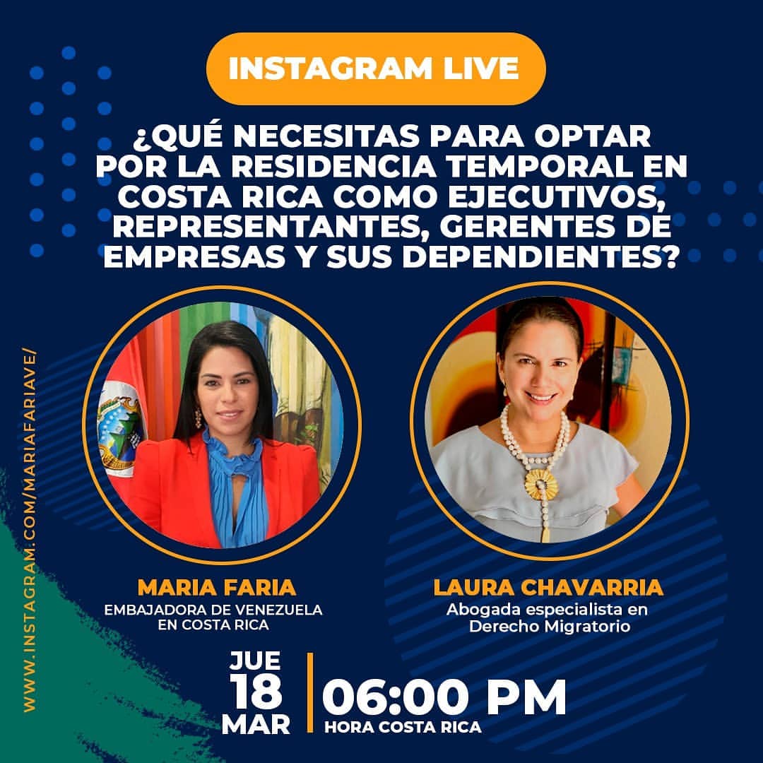 Live con la Embajadora de Venezuela Maria Faria en el que aclaramos dudas sobre cómo optar por la Residencia Temporal en Costa Rica como Ejecutivos, Representantes, Gerentes de empresas y sus dependientes.